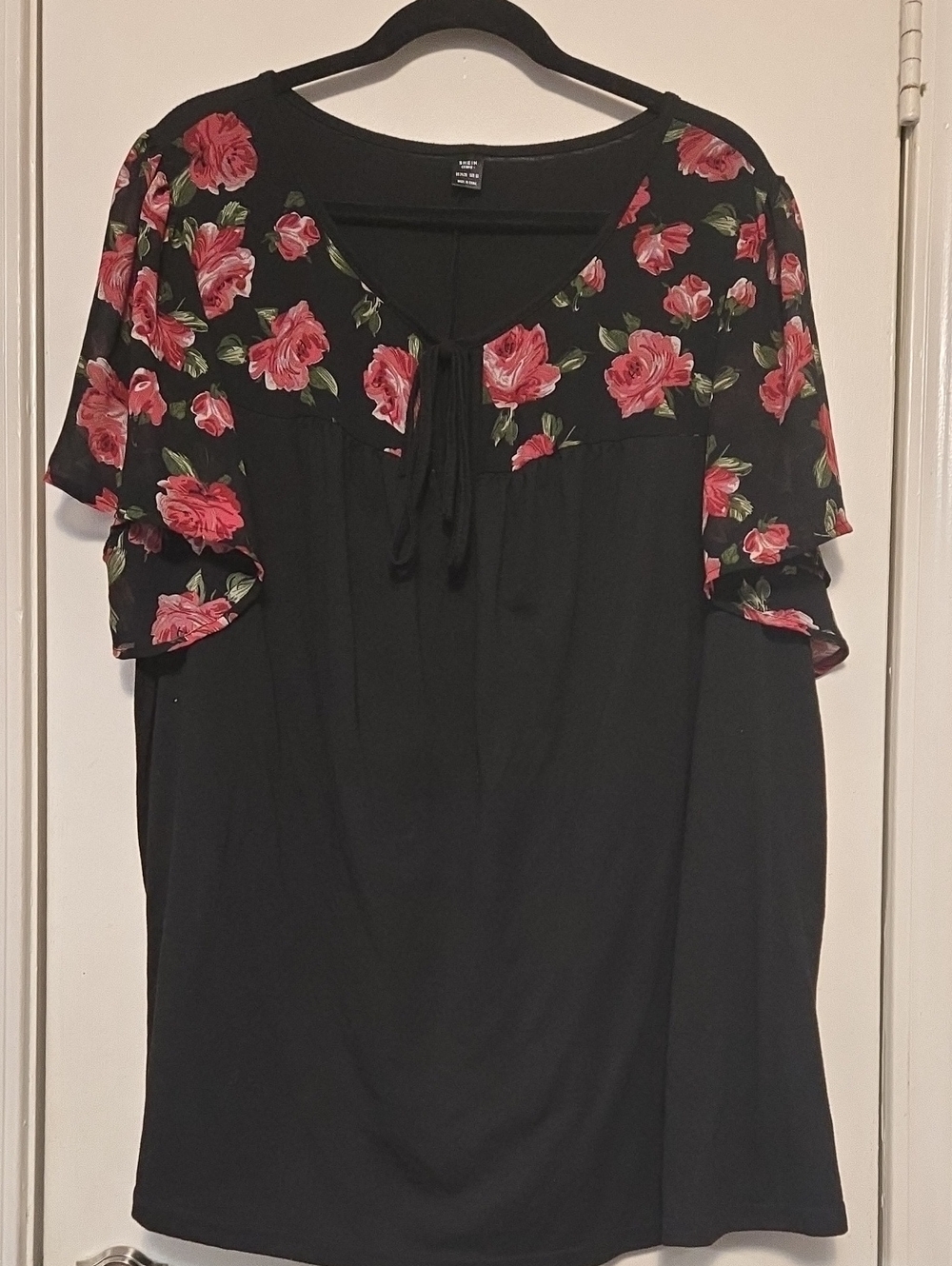 SHEIN Black Tunic Top with Rose Floral Yoke and Tie Neck
